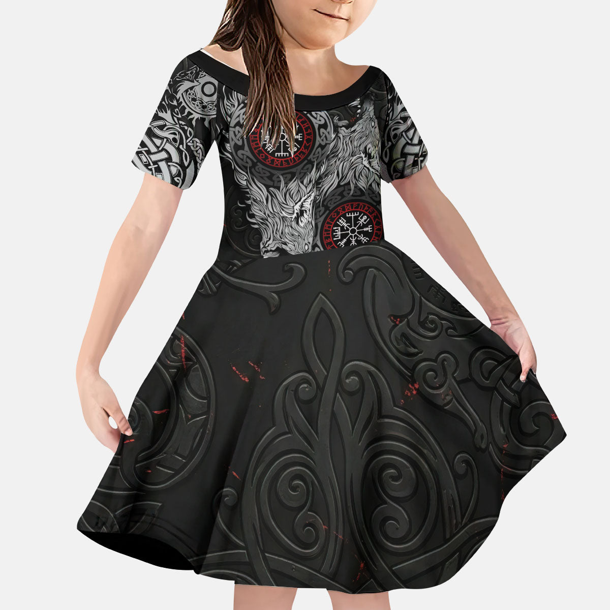 Fenrir Wolf and Vegvisir Viking Kid Short Sleeve Dress Nordic Celtic Knotwork Black and Red Tribal Art