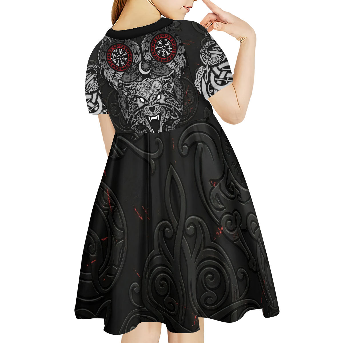 Fenrir Wolf and Vegvisir Viking Kid Short Sleeve Dress Nordic Celtic Knotwork Black and Red Tribal Art