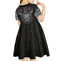 Fenrir Wolf and Vegvisir Viking Kid Short Sleeve Dress Nordic Celtic Knotwork Black and Red Tribal Art