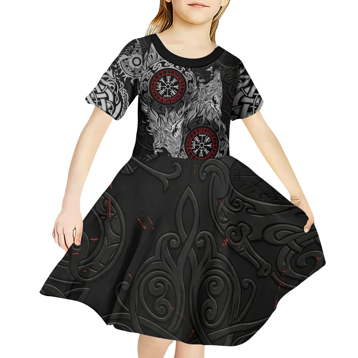 Fenrir Wolf and Vegvisir Viking Kid Short Sleeve Dress Nordic Celtic Knotwork Black and Red Tribal Art
