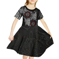 Fenrir Wolf and Vegvisir Viking Kid Short Sleeve Dress Nordic Celtic Knotwork Black and Red Tribal Art