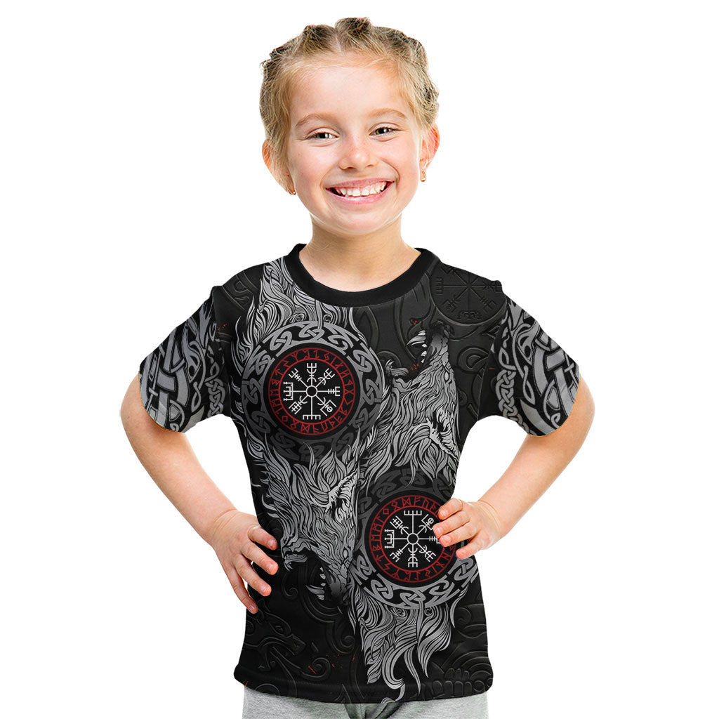 Fenrir Wolf and Vegvisir Viking Kid T Shirt Nordic Celtic Knotwork Black and Red Tribal Art