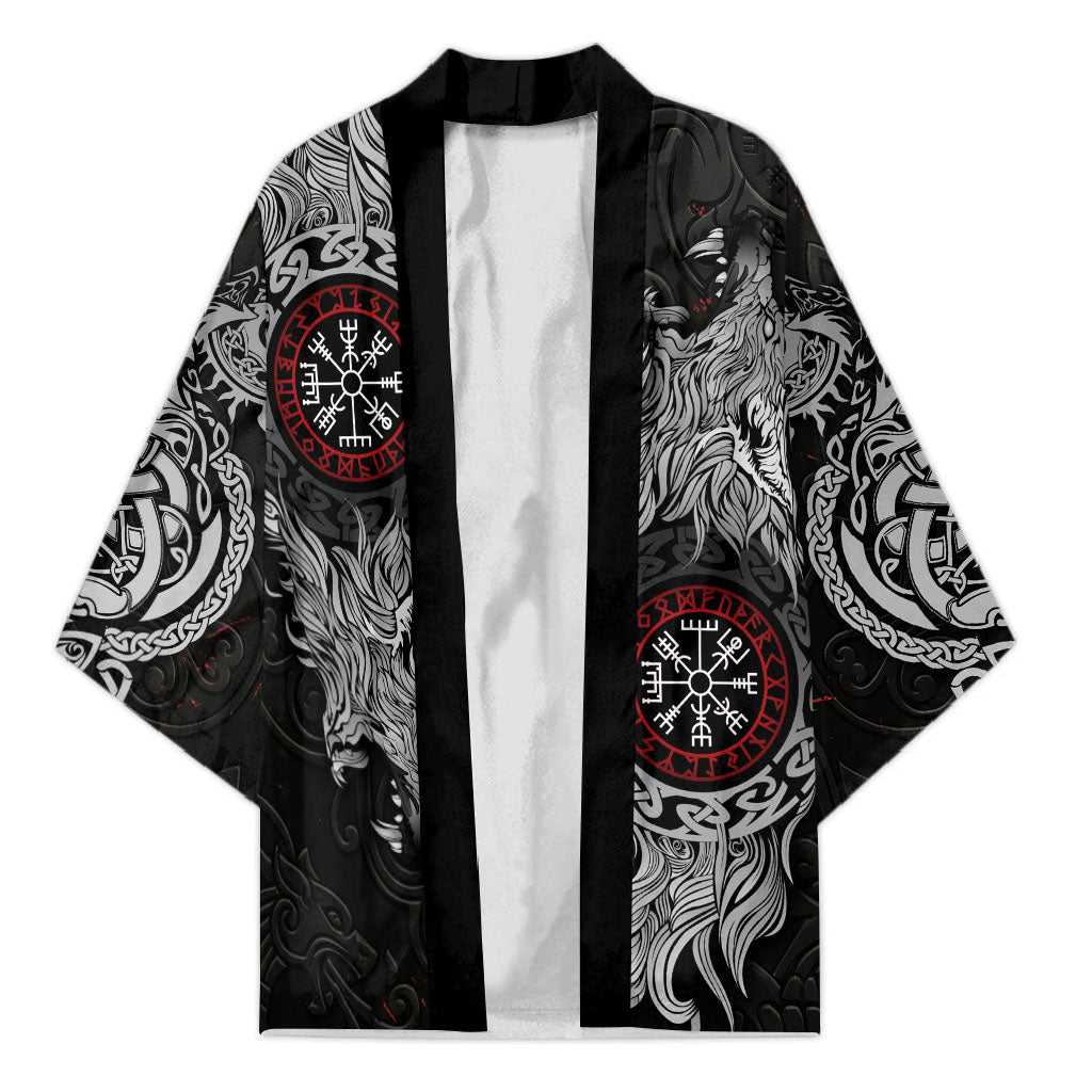 Fenrir Wolf and Vegvisir Viking Kimono Nordic Celtic Knotwork Black and Red Tribal Art