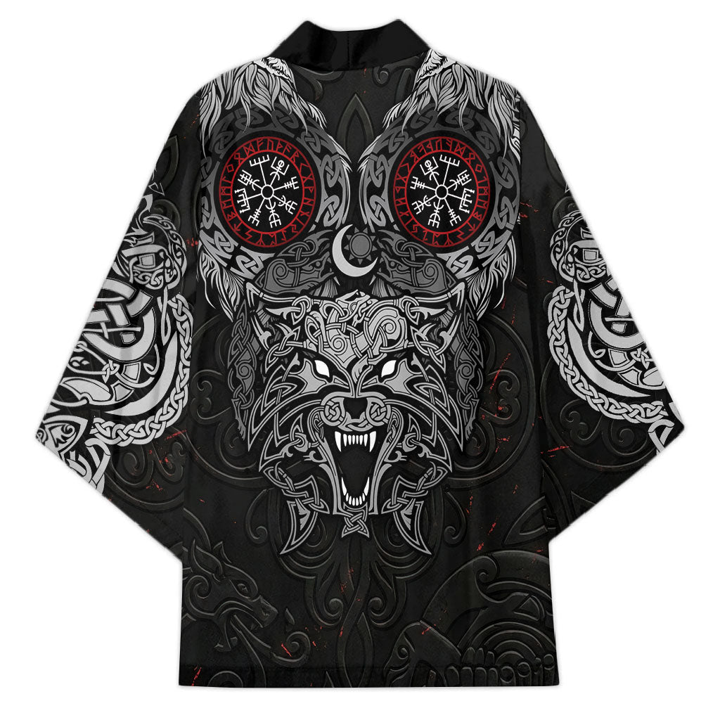 Fenrir Wolf and Vegvisir Viking Kimono Nordic Celtic Knotwork Black and Red Tribal Art