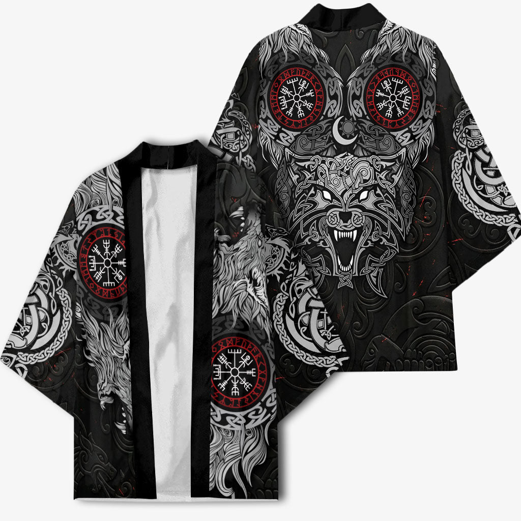 Fenrir Wolf and Vegvisir Viking Kimono Nordic Celtic Knotwork Black and Red Tribal Art
