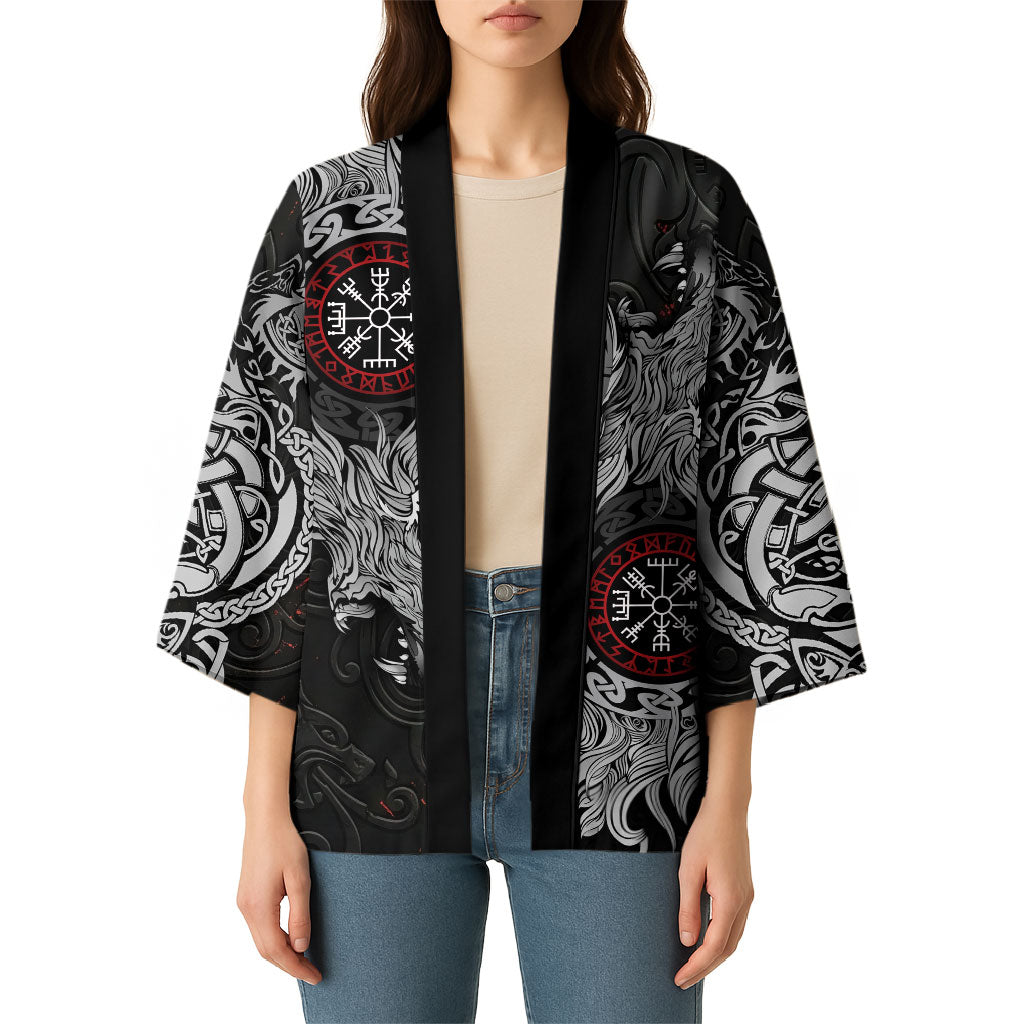 Fenrir Wolf and Vegvisir Viking Kimono Nordic Celtic Knotwork Black and Red Tribal Art
