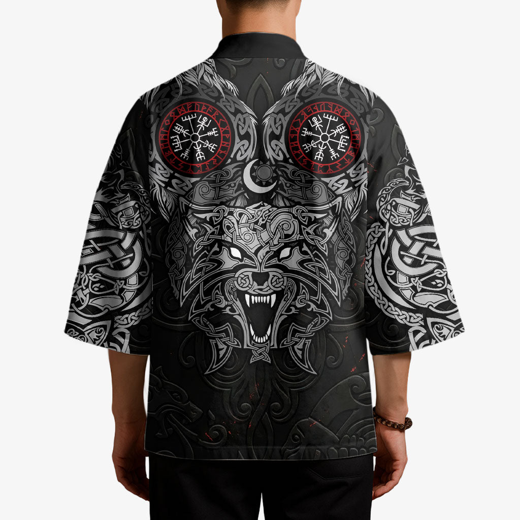 Fenrir Wolf and Vegvisir Viking Kimono Nordic Celtic Knotwork Black and Red Tribal Art