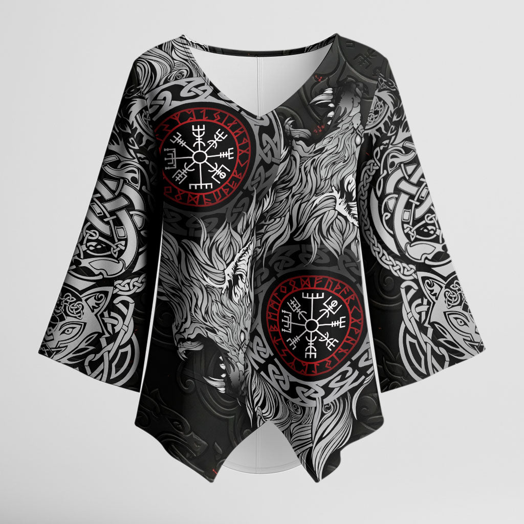 Fenrir Wolf and Vegvisir Viking Kimono Sleeve Blouse Nordic Celtic Knotwork Black and Red Tribal Art