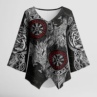 Fenrir Wolf and Vegvisir Viking Kimono Sleeve Blouse Nordic Celtic Knotwork Black and Red Tribal Art