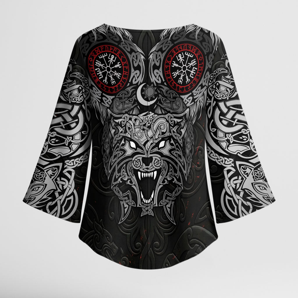 Fenrir Wolf and Vegvisir Viking Kimono Sleeve Blouse Nordic Celtic Knotwork Black and Red Tribal Art