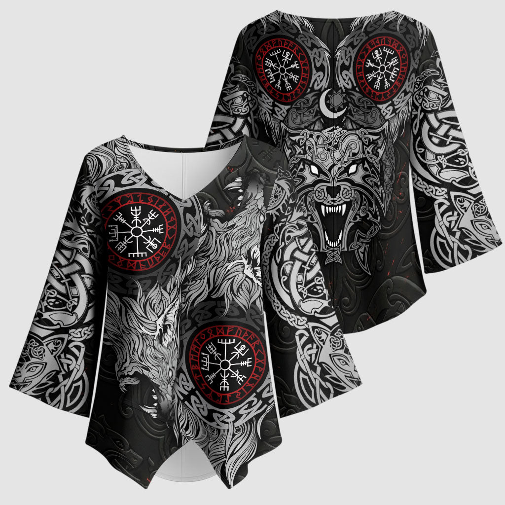 Fenrir Wolf and Vegvisir Viking Kimono Sleeve Blouse Nordic Celtic Knotwork Black and Red Tribal Art