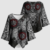 Fenrir Wolf and Vegvisir Viking Kimono Sleeve Blouse Nordic Celtic Knotwork Black and Red Tribal Art