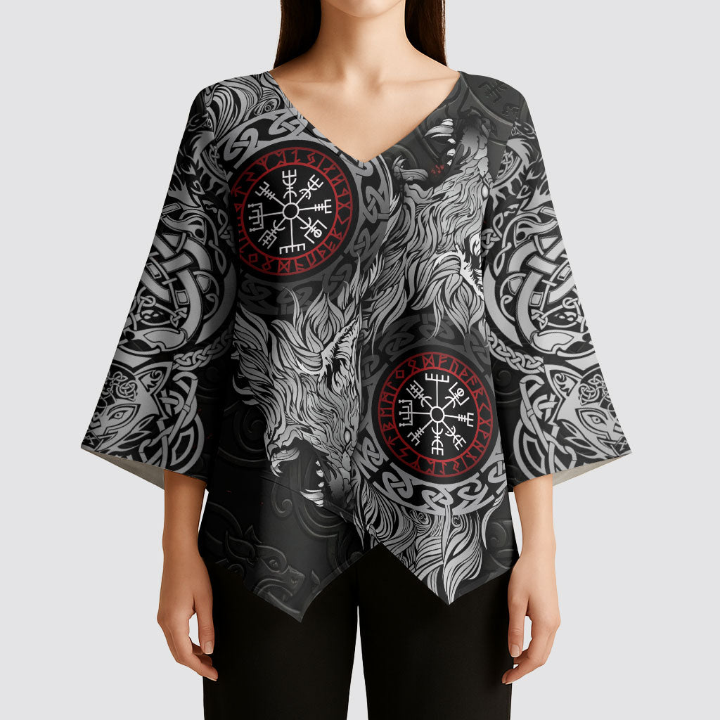 Fenrir Wolf and Vegvisir Viking Kimono Sleeve Blouse Nordic Celtic Knotwork Black and Red Tribal Art