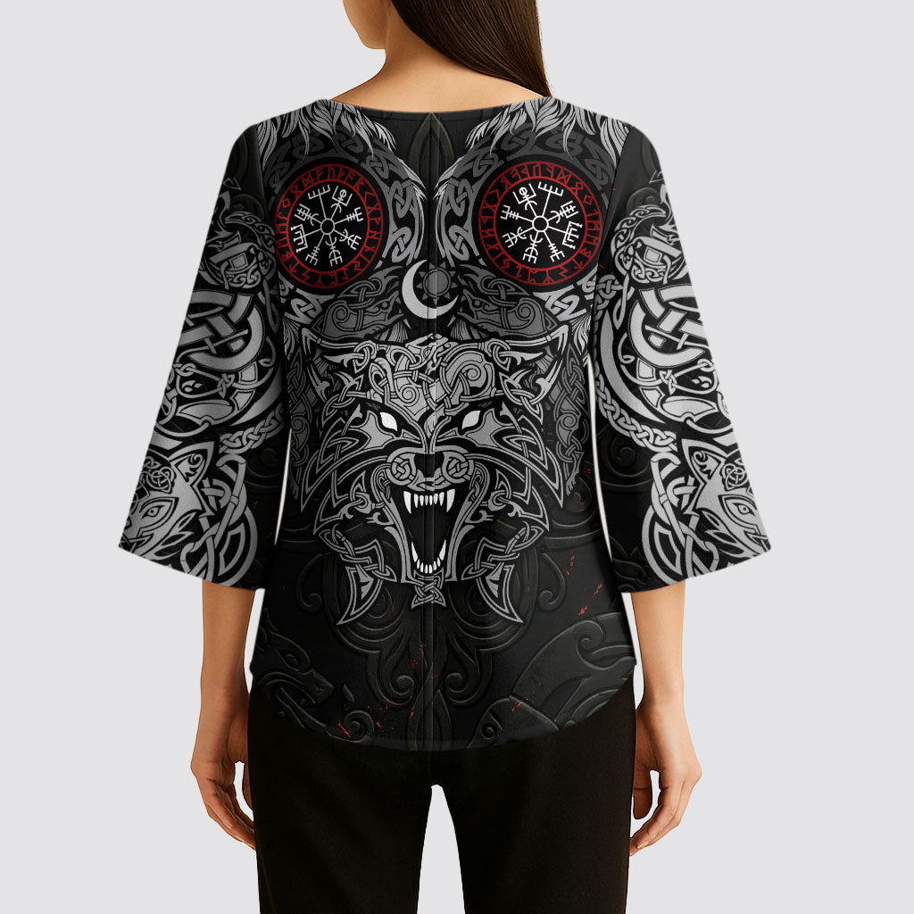 Fenrir Wolf and Vegvisir Viking Kimono Sleeve Blouse Nordic Celtic Knotwork Black and Red Tribal Art