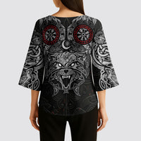 Fenrir Wolf and Vegvisir Viking Kimono Sleeve Blouse Nordic Celtic Knotwork Black and Red Tribal Art