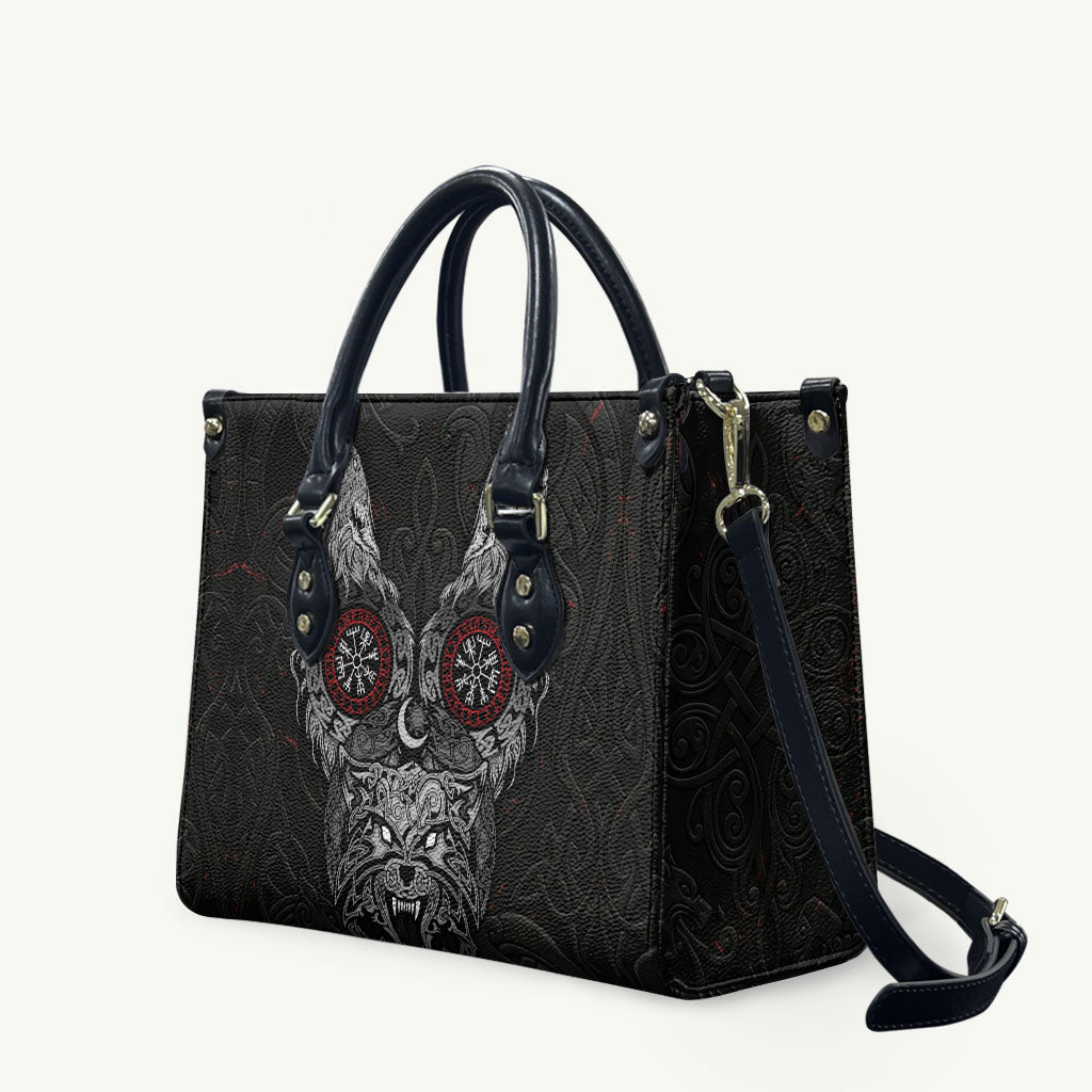 Fenrir Wolf and Vegvisir Viking Leather Bag Nordic Celtic Knotwork Black and Red Tribal Art