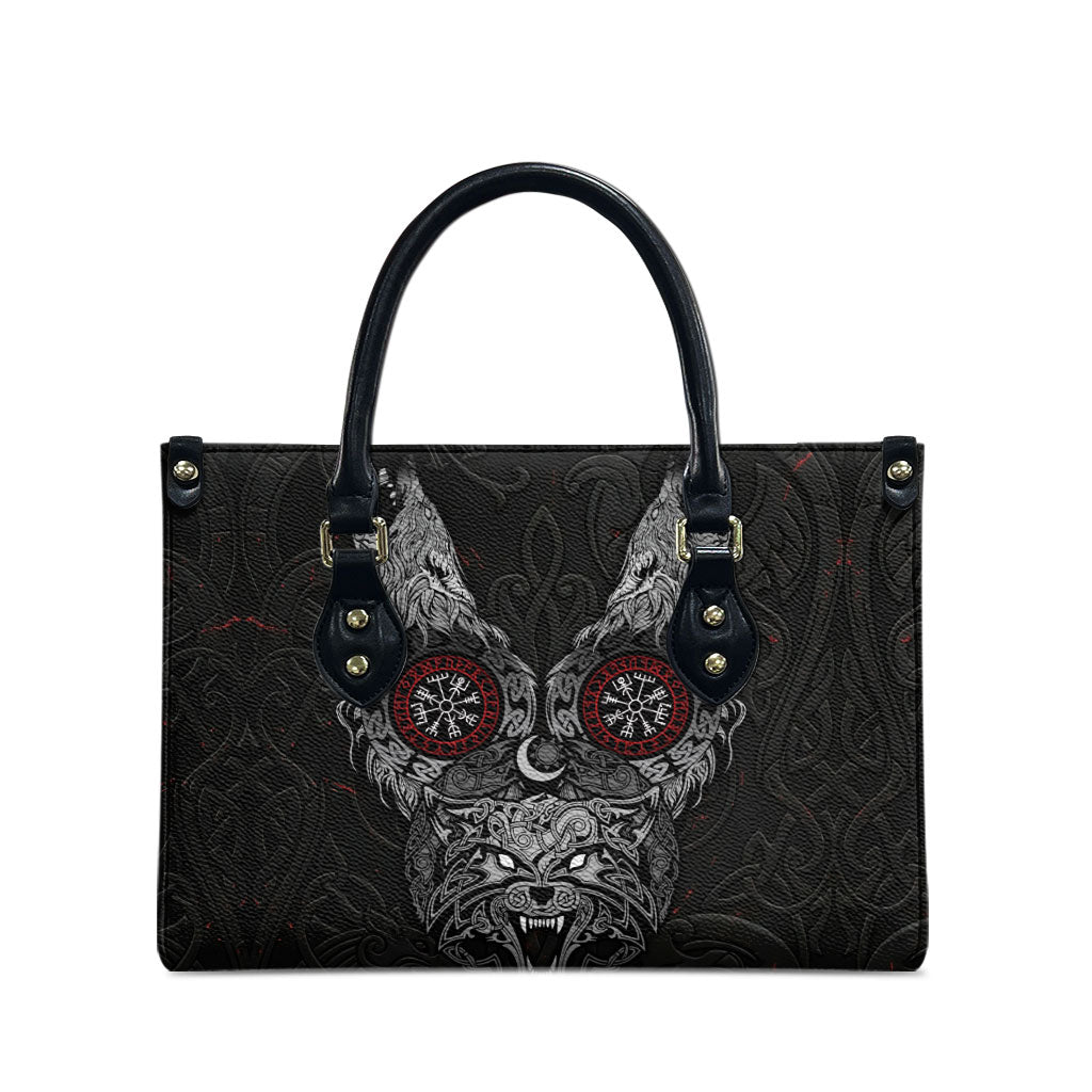 Fenrir Wolf and Vegvisir Viking Leather Bag Nordic Celtic Knotwork Black and Red Tribal Art