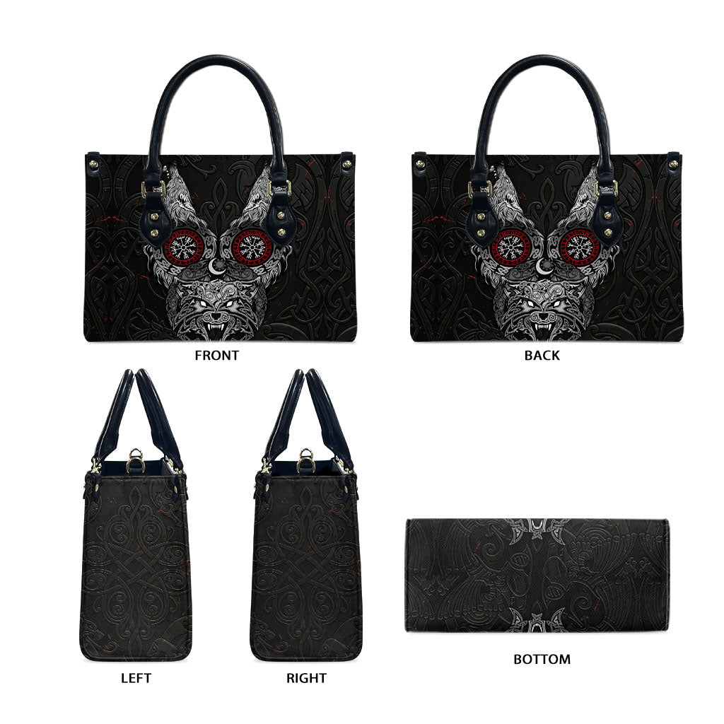 Fenrir Wolf and Vegvisir Viking Leather Bag Nordic Celtic Knotwork Black and Red Tribal Art