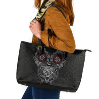 Fenrir Wolf and Vegvisir Viking Leather Tote Bag Nordic Celtic Knotwork Black and Red Tribal Art