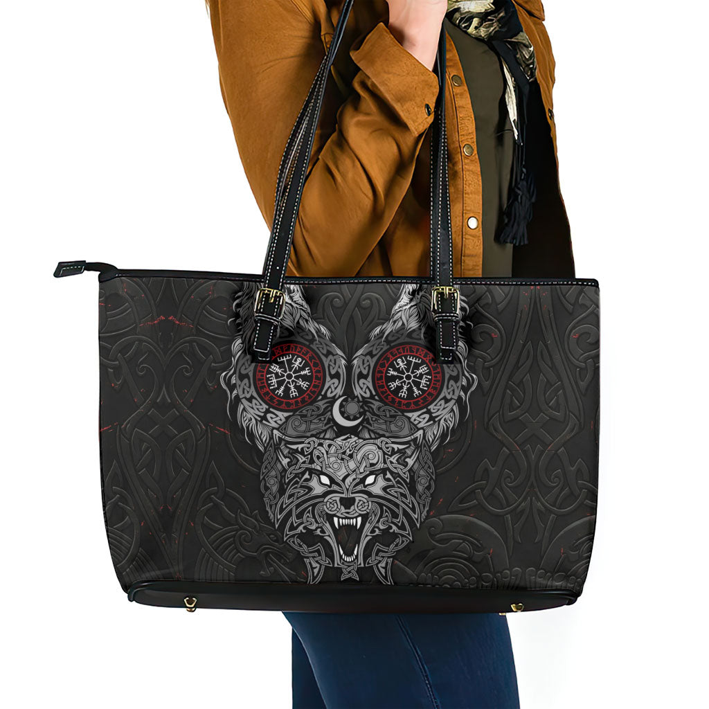 Fenrir Wolf and Vegvisir Viking Leather Tote Bag Nordic Celtic Knotwork Black and Red Tribal Art