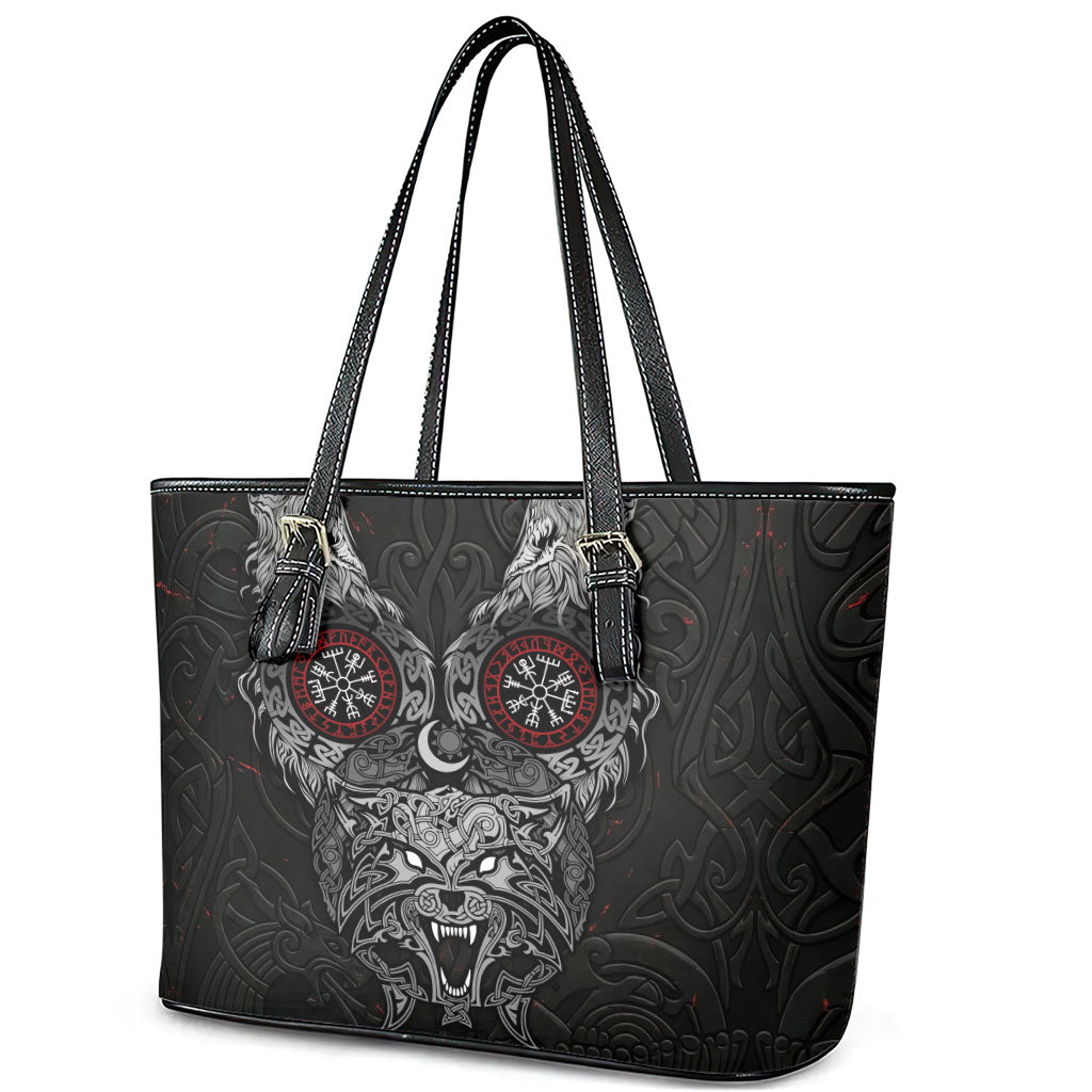 Fenrir Wolf and Vegvisir Viking Leather Tote Bag Nordic Celtic Knotwork Black and Red Tribal Art