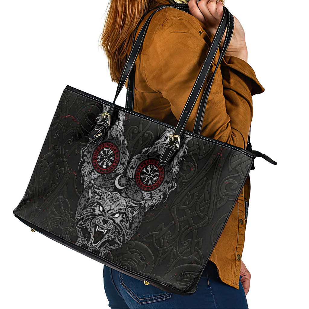 Fenrir Wolf and Vegvisir Viking Leather Tote Bag Nordic Celtic Knotwork Black and Red Tribal Art