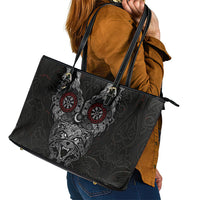 Fenrir Wolf and Vegvisir Viking Leather Tote Bag Nordic Celtic Knotwork Black and Red Tribal Art