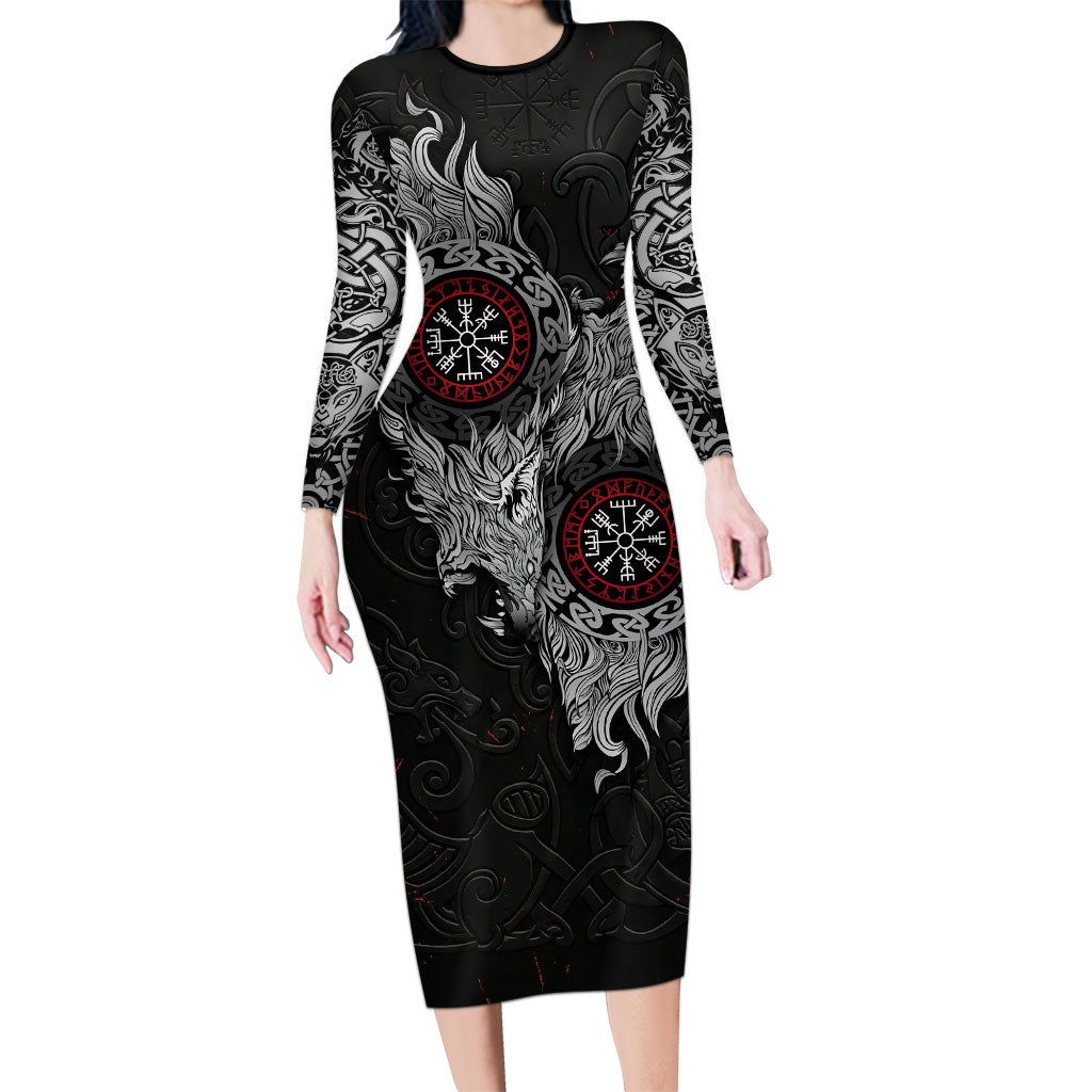 Fenrir Wolf and Vegvisir Viking Long Sleeve Bodycon Dress Nordic Celtic Knotwork Black and Red Tribal Art