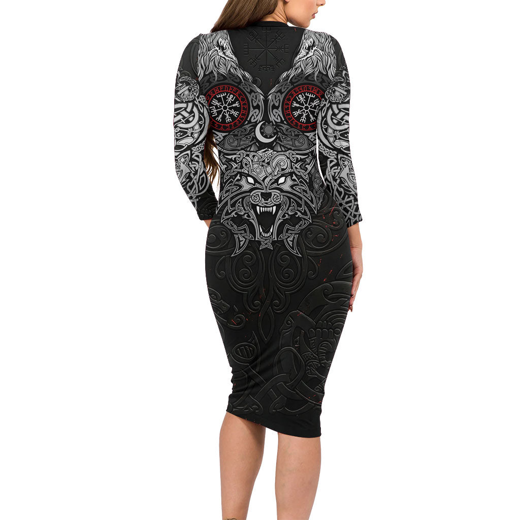 Fenrir Wolf and Vegvisir Viking Long Sleeve Bodycon Dress Nordic Celtic Knotwork Black and Red Tribal Art