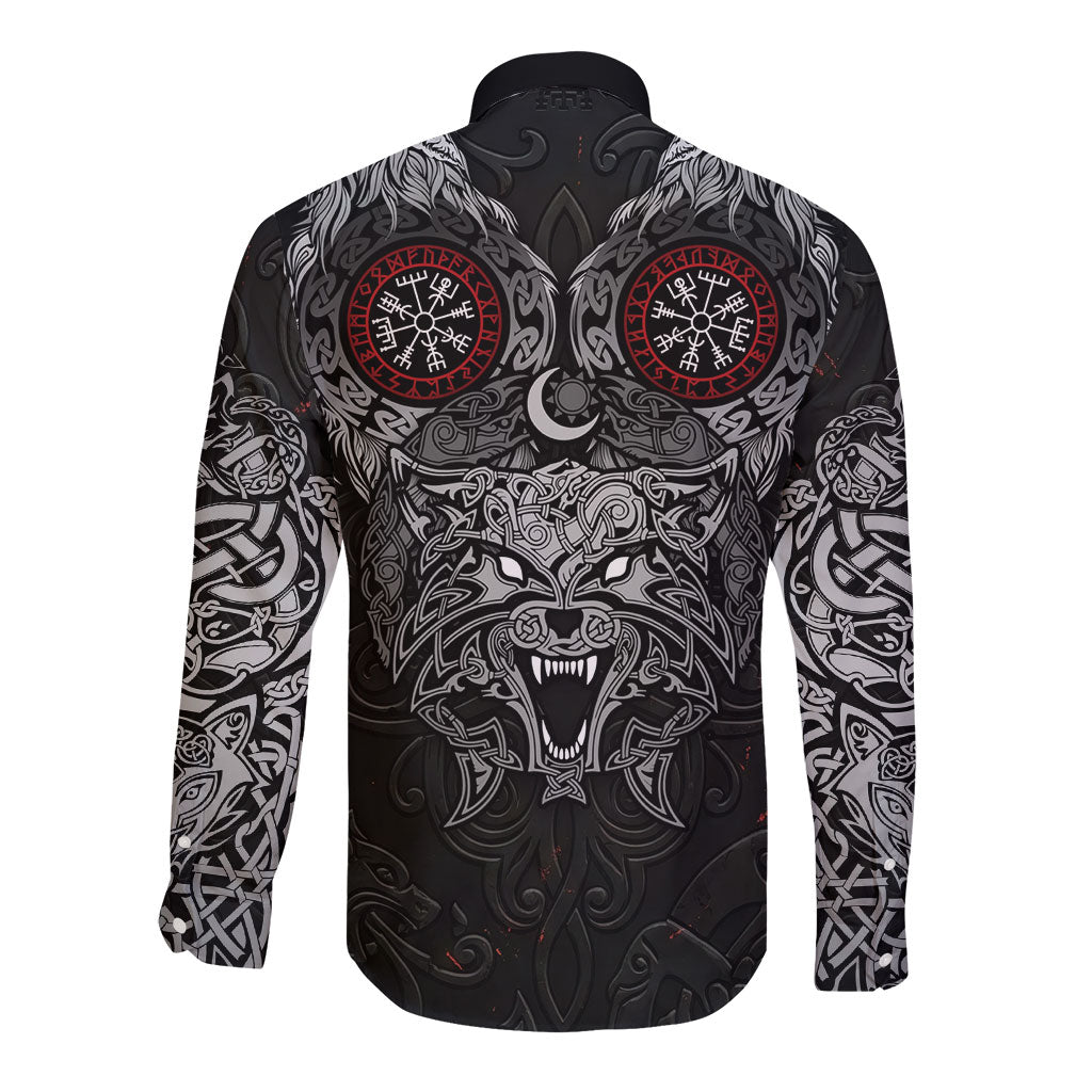Fenrir Wolf and Vegvisir Viking Long Sleeve Button Shirt Nordic Celtic Knotwork Black and Red Tribal Art
