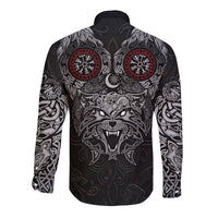 Fenrir Wolf and Vegvisir Viking Long Sleeve Button Shirt Nordic Celtic Knotwork Black and Red Tribal Art
