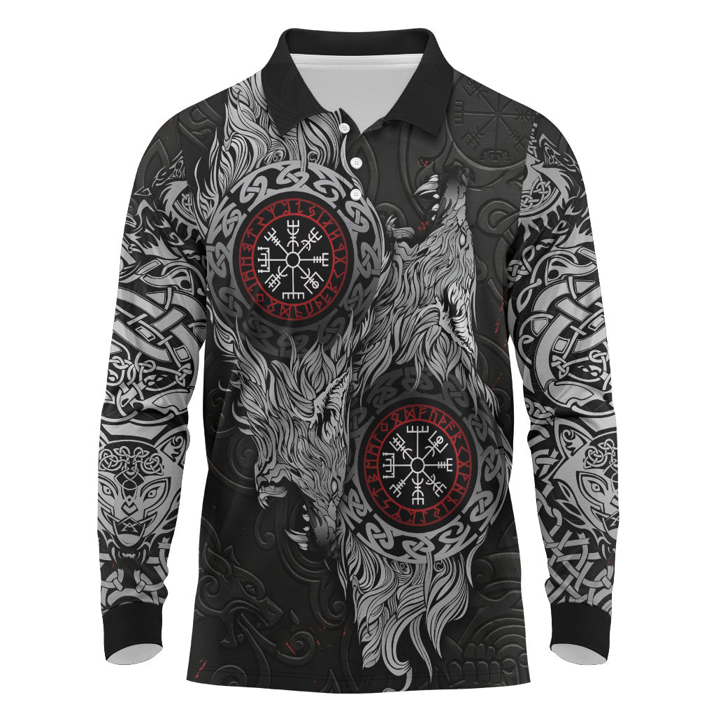 Fenrir Wolf and Vegvisir Viking Long Sleeve Polo Shirt Nordic Celtic Knotwork Black and Red Tribal Art