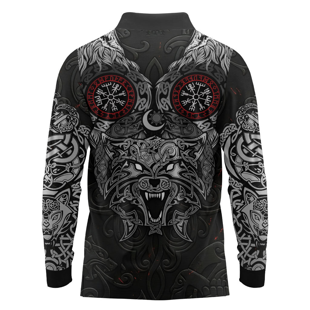 Fenrir Wolf and Vegvisir Viking Long Sleeve Polo Shirt Nordic Celtic Knotwork Black and Red Tribal Art