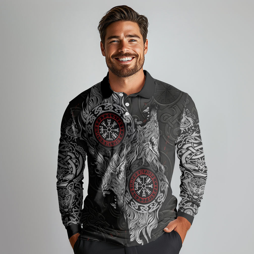 Fenrir Wolf and Vegvisir Viking Long Sleeve Polo Shirt Nordic Celtic Knotwork Black and Red Tribal Art