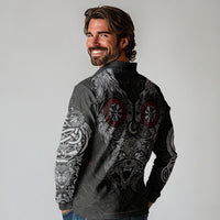 Fenrir Wolf and Vegvisir Viking Long Sleeve Polo Shirt Nordic Celtic Knotwork Black and Red Tribal Art