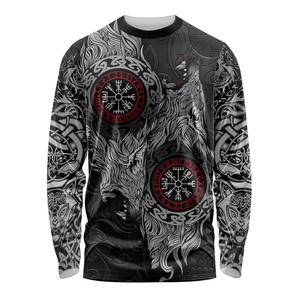 Fenrir Wolf and Vegvisir Viking Long Sleeve Shirt Nordic Celtic Knotwork Black and Red Tribal Art