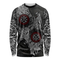 Fenrir Wolf and Vegvisir Viking Long Sleeve Shirt Nordic Celtic Knotwork Black and Red Tribal Art