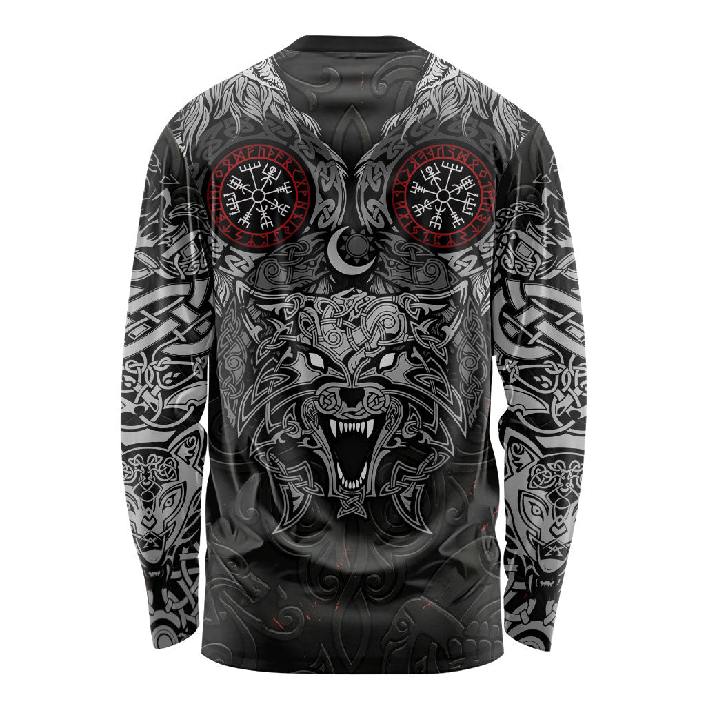 Fenrir Wolf and Vegvisir Viking Long Sleeve Shirt Nordic Celtic Knotwork Black and Red Tribal Art