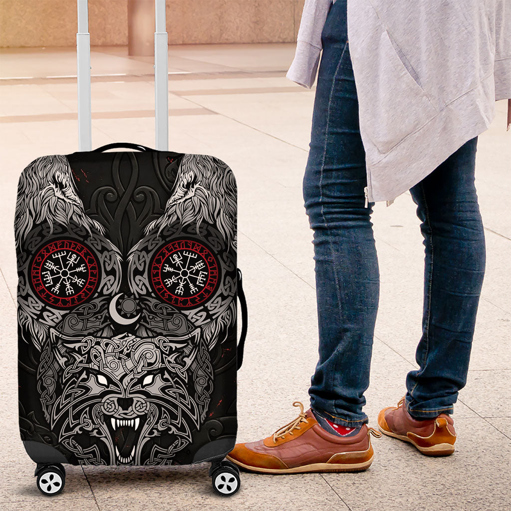 Fenrir Wolf and Vegvisir Viking Luggage Cover Nordic Celtic Knotwork Black and Red Tribal Art