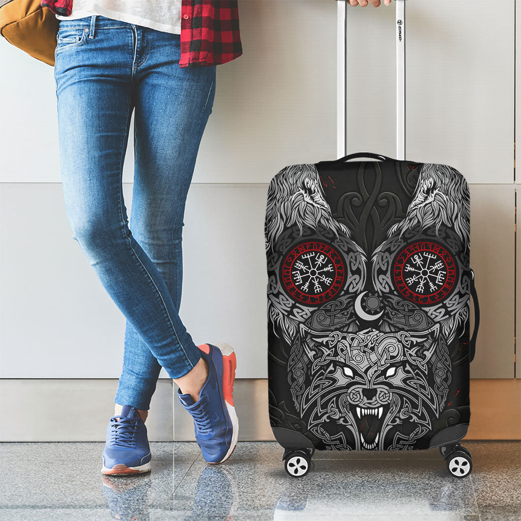 Fenrir Wolf and Vegvisir Viking Luggage Cover Nordic Celtic Knotwork Black and Red Tribal Art
