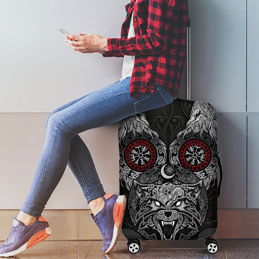 Fenrir Wolf and Vegvisir Viking Luggage Cover Nordic Celtic Knotwork Black and Red Tribal Art