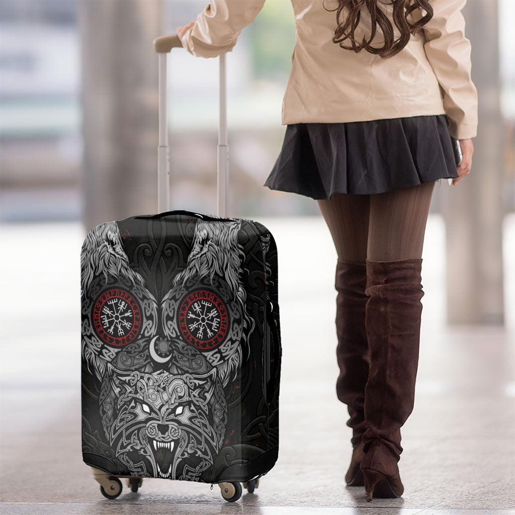 Fenrir Wolf and Vegvisir Viking Luggage Cover Nordic Celtic Knotwork Black and Red Tribal Art
