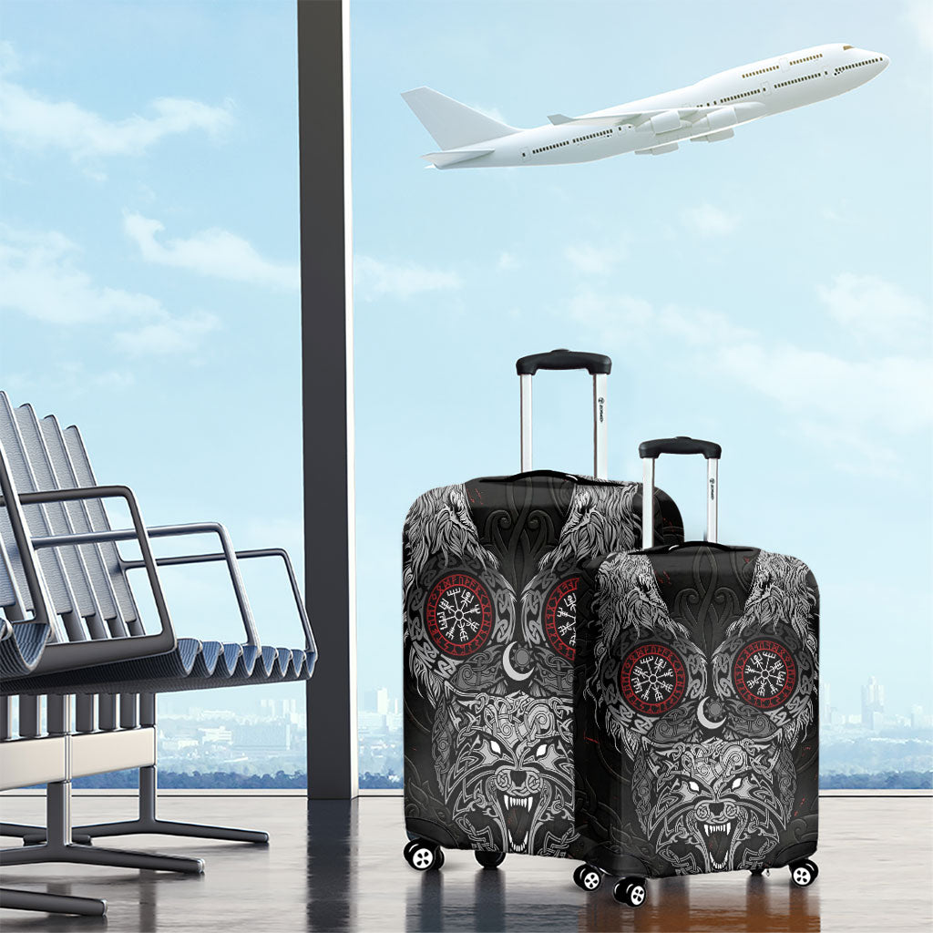 Fenrir Wolf and Vegvisir Viking Luggage Cover Nordic Celtic Knotwork Black and Red Tribal Art