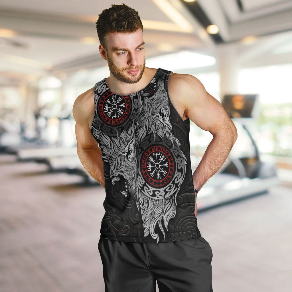 Fenrir Wolf and Vegvisir Viking Men Tank Top Nordic Celtic Knotwork Black and Red Tribal Art