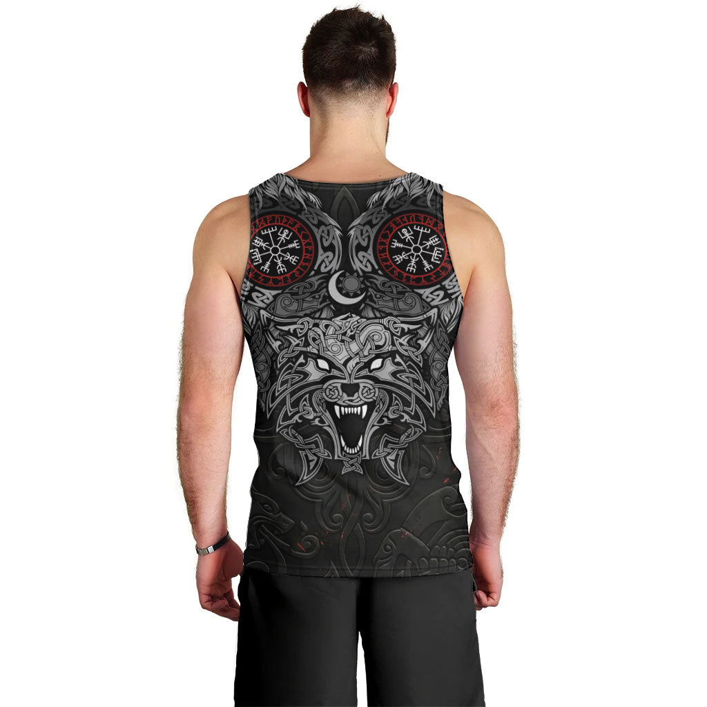 Fenrir Wolf and Vegvisir Viking Men Tank Top Nordic Celtic Knotwork Black and Red Tribal Art