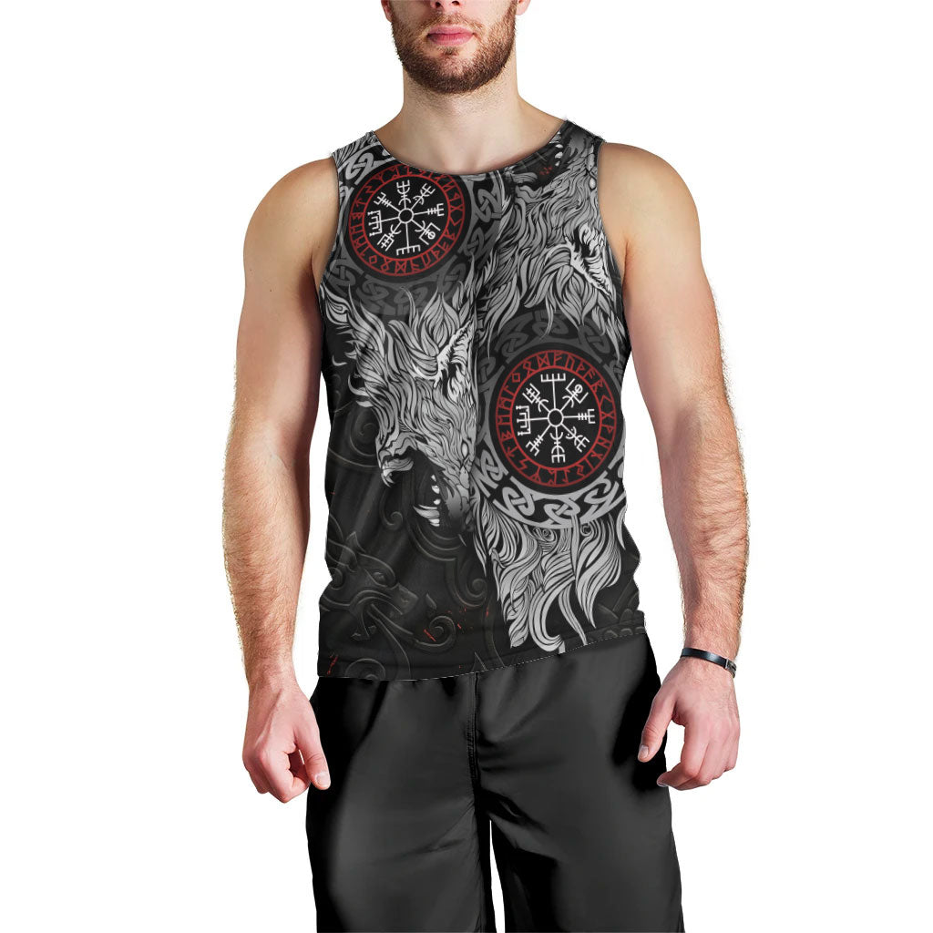 Fenrir Wolf and Vegvisir Viking Men Tank Top Nordic Celtic Knotwork Black and Red Tribal Art