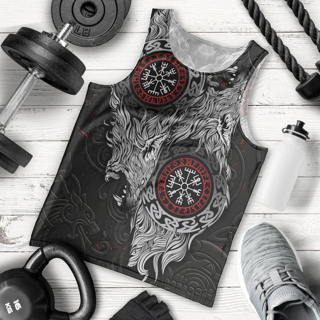 Fenrir Wolf and Vegvisir Viking Men Tank Top Nordic Celtic Knotwork Black and Red Tribal Art