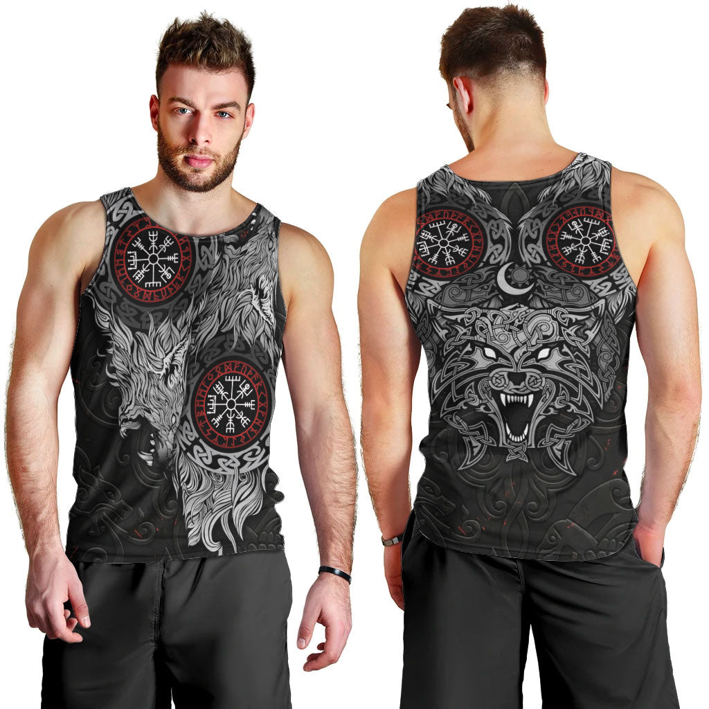 Fenrir Wolf and Vegvisir Viking Men Tank Top Nordic Celtic Knotwork Black and Red Tribal Art