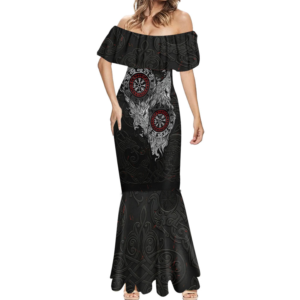 Fenrir Wolf and Vegvisir Viking Mermaid Dress Nordic Celtic Knotwork Black and Red Tribal Art