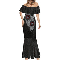 Fenrir Wolf and Vegvisir Viking Mermaid Dress Nordic Celtic Knotwork Black and Red Tribal Art